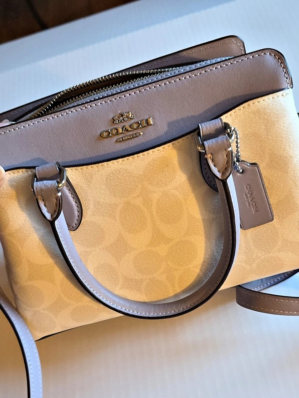 Coach Lane Carryall In Blocked Signature Canvas Satchel Lavender And Cream